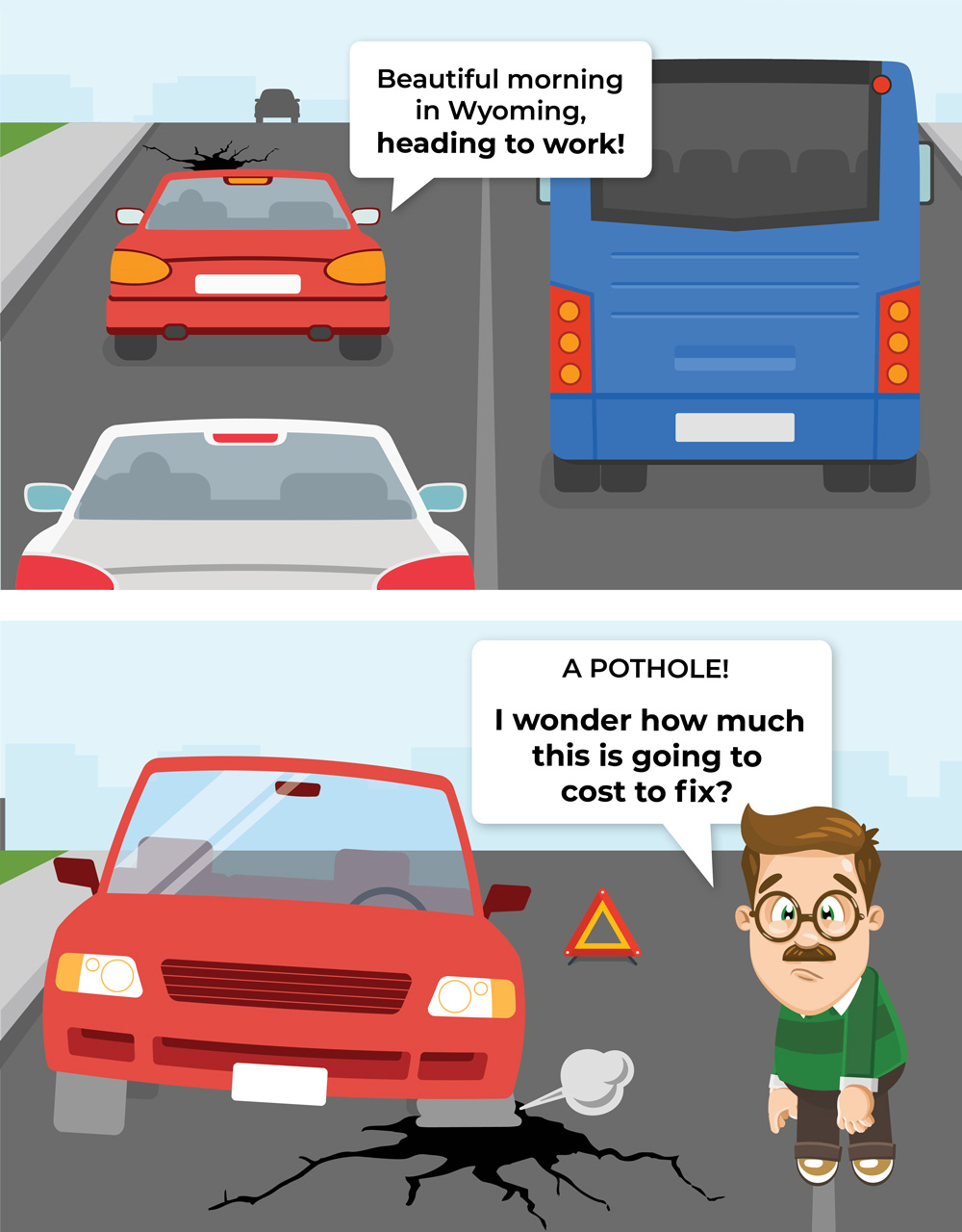Two graphics with following dialog. Graphic 1: Beautiful morning in Wyoming. Heading to work! Graphic 2: A pothole! I wonder how much this is going to cost to fix?